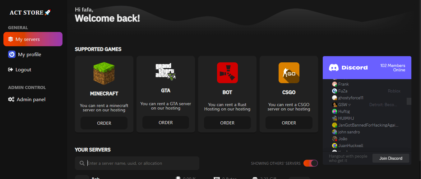 Tampilan dashboard aplikasi Act Store